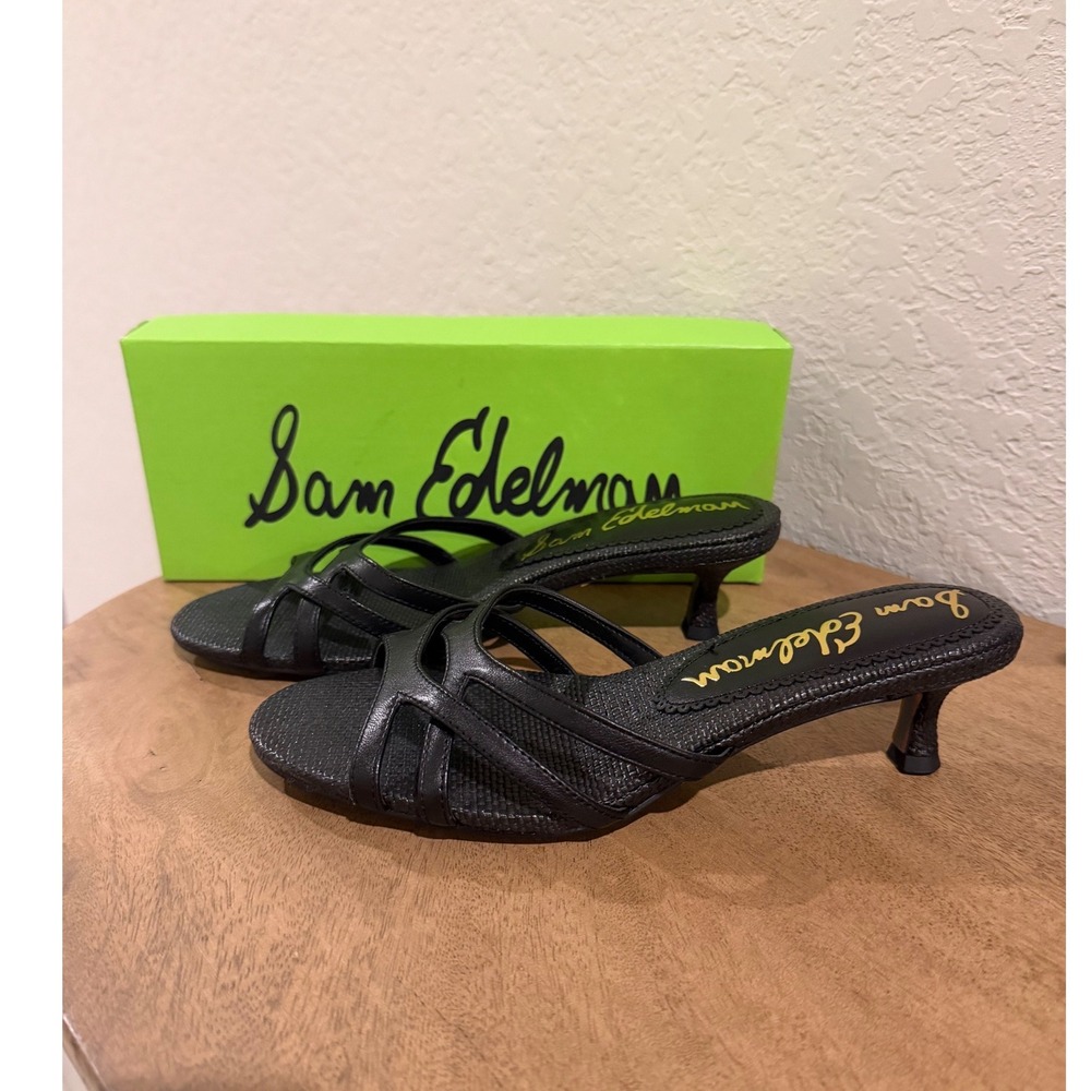 Sam Edelman Camille Sandal Womens 6 Black Leather Strappy Kitten Heel Slide